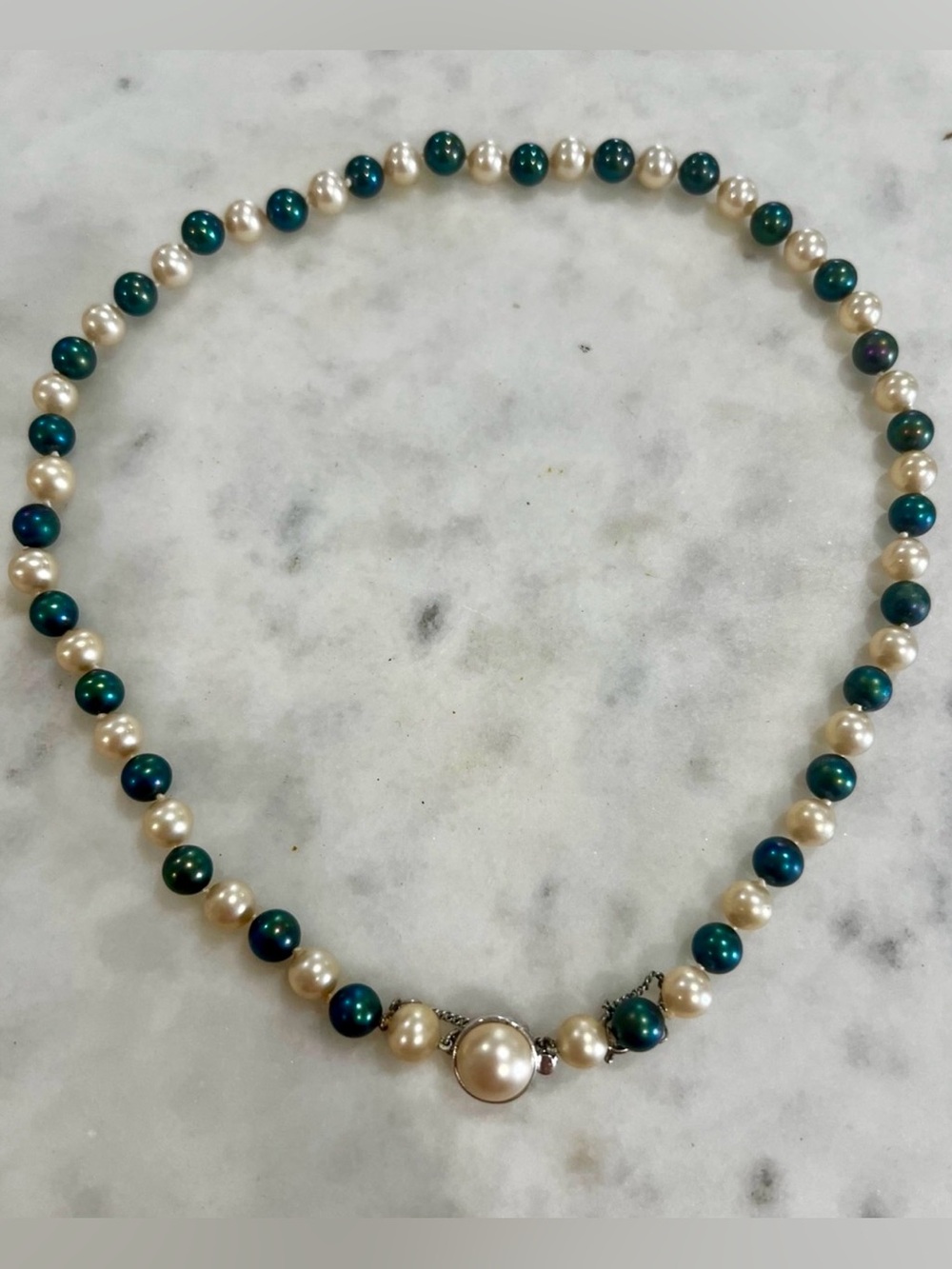 Vintage 925 Sterling Silver Clasp white & Peacock Freshwater Pearl Necklace 18”